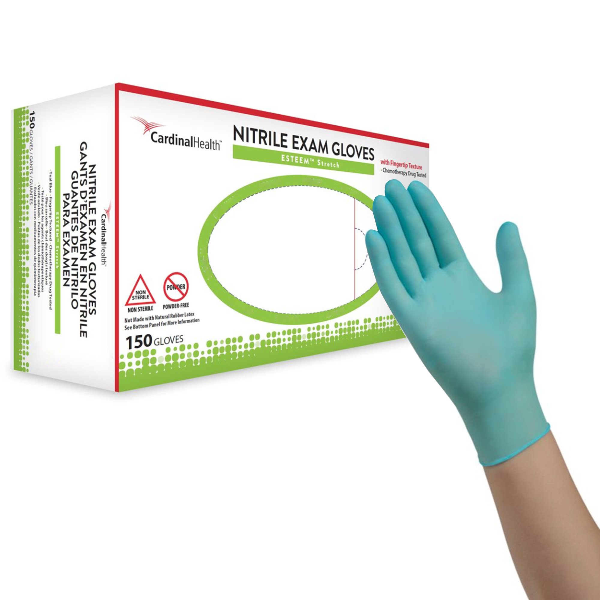 Gloves Exam ESTEEM™ Stretch Small NonSterile Nitrile Standard Cuff Length Textured Fingertips Teal Chemo Tested (150/BX 10BX/CS) by Cardinal  ID 8855NSB